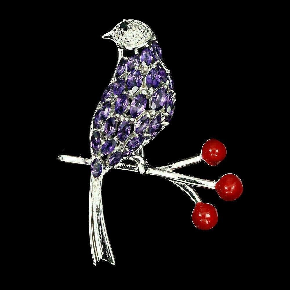 Silver Brooch Purple Amethyst Genuine Natural Mined Gems Solid Sterling