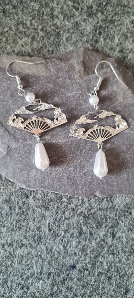 Delicate Silver Alloy Fan Earrings with Faux Pearl Dangle