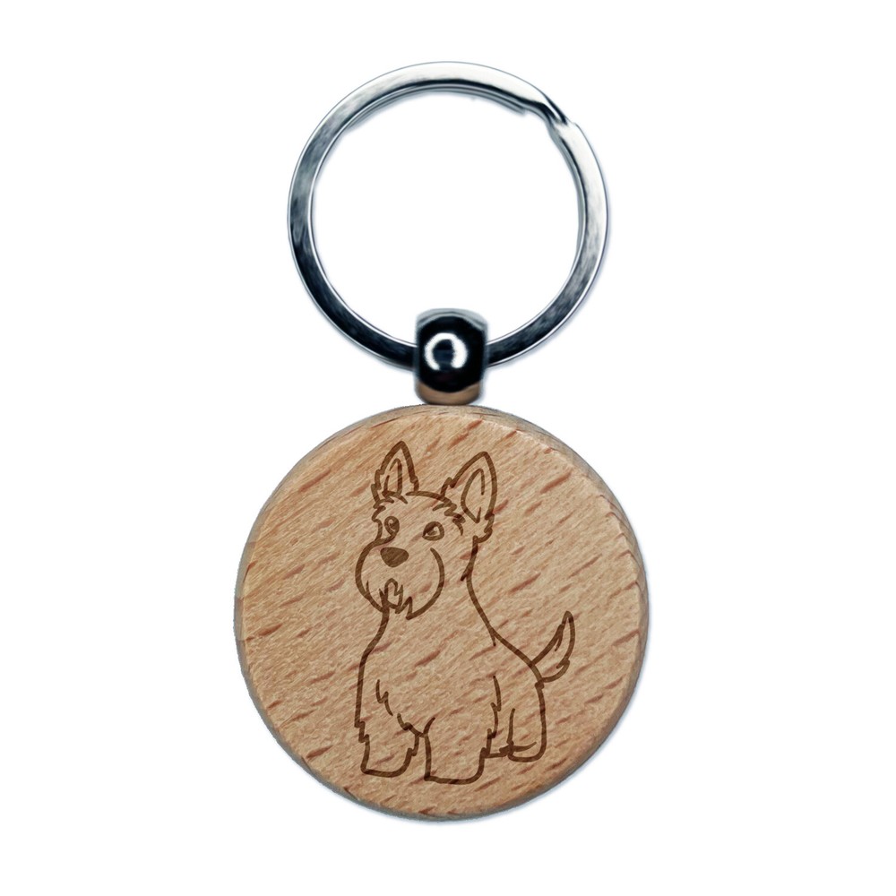 Scottish Terrier Dog Sitting Wooden Round Keychain Charm with Engraving