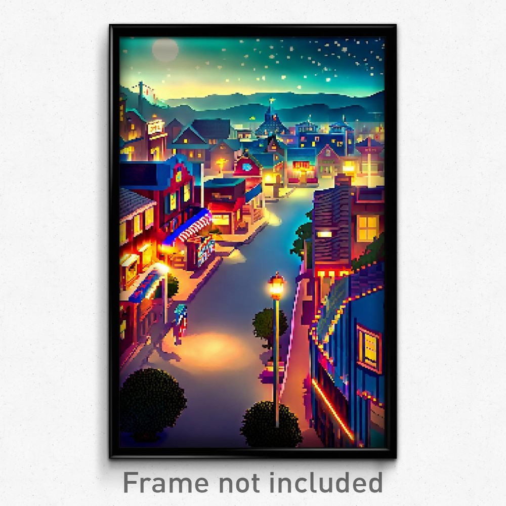 8-Bit Starry American Town Pixel Art Poster - Psychedelic Video Game Print