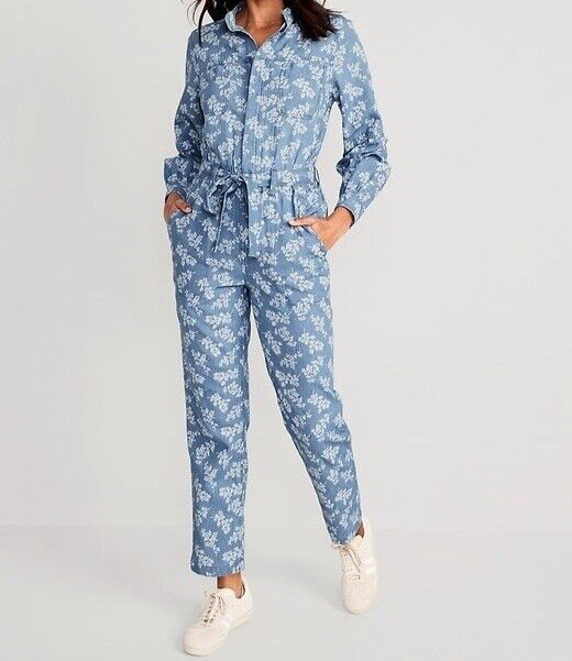 Old Navy Floral Jean Utility Jumpsuit Womens M Defined Waist Retro Cottagecore