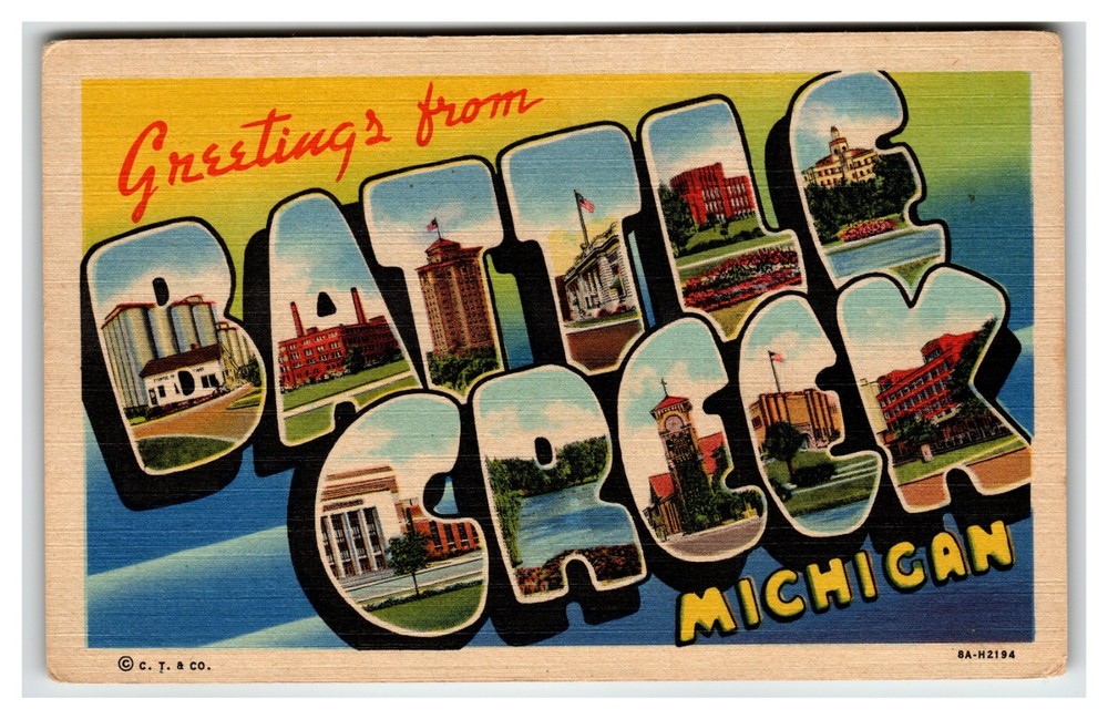 Greetings From Battle Creek Michigan Large Big Letter Postcard Linen 1940's