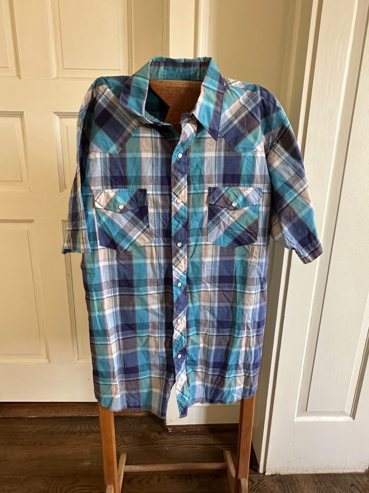 Wrangler Western Shirt Mens L Plaid Blue Short Sleeve Pearl Snap Cowboy Casual