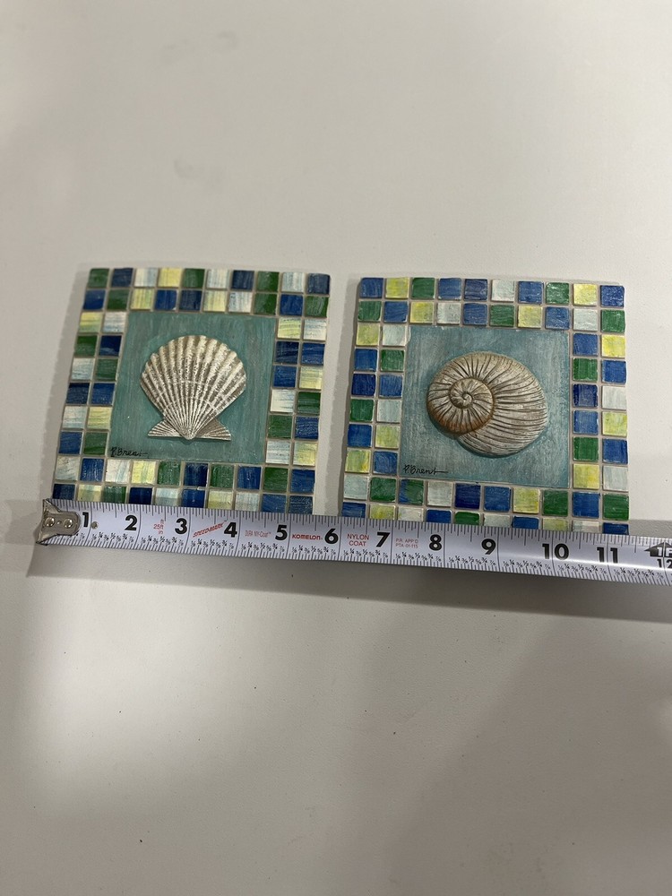Mosaic Tile Wall Hanging By P. Brent Sea Shell Motif Seashore 5.5
