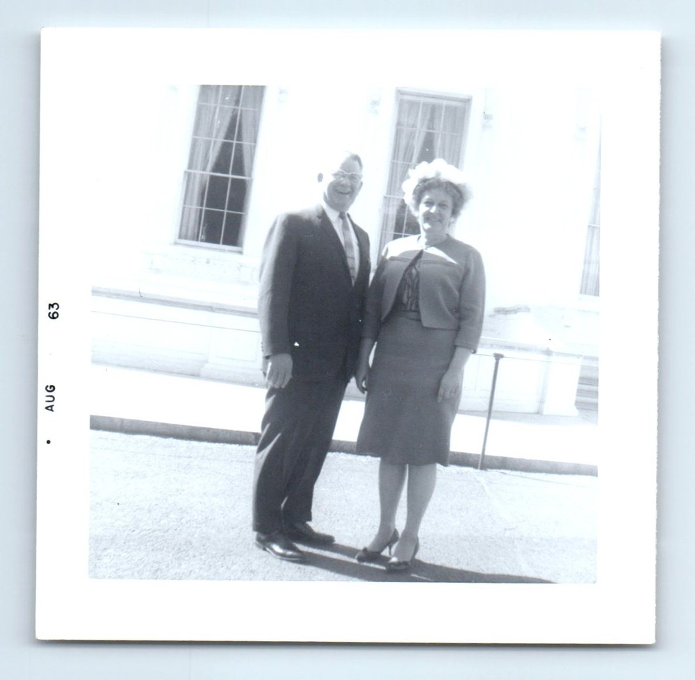 Old Vintage Square Photo MAN WOMAN COUPLE OUTSIDE BUILDING 1963 SNAPSHOT
