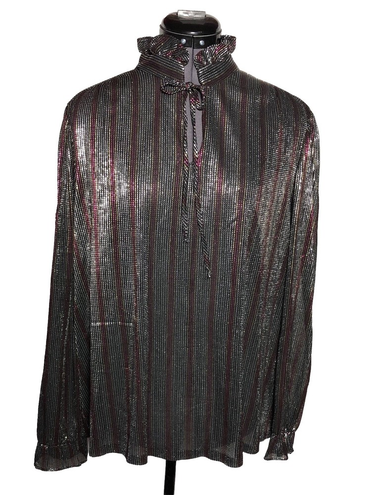 Vtg 70s Lady Caribou Metallic Lurex Striped Blouse Ruffle Neck Disco