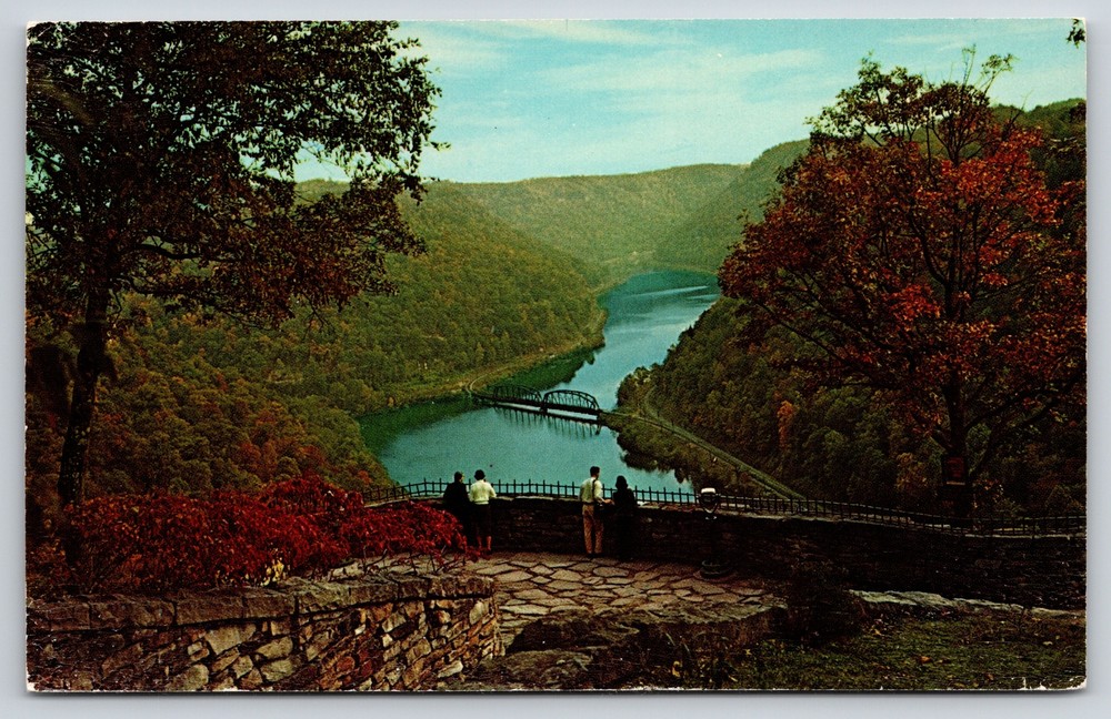 Hawks Nest Park WV~Air View Hawks Nest & River Bridge~Vintage Postcard