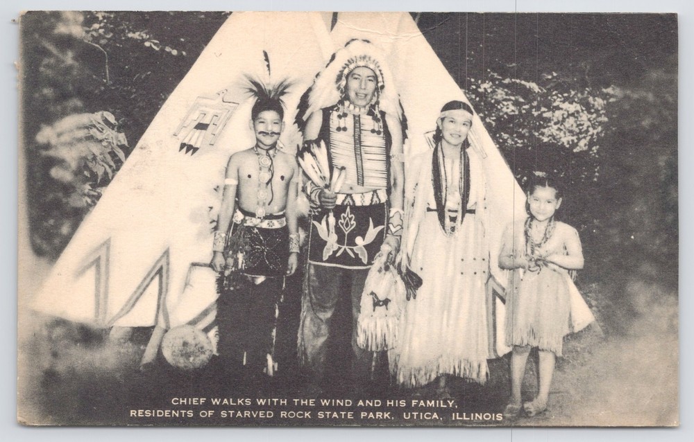 Native Americana Indian~Chief Walks W/ The Wind & Family~Utica IL~B&W~Vintage PC