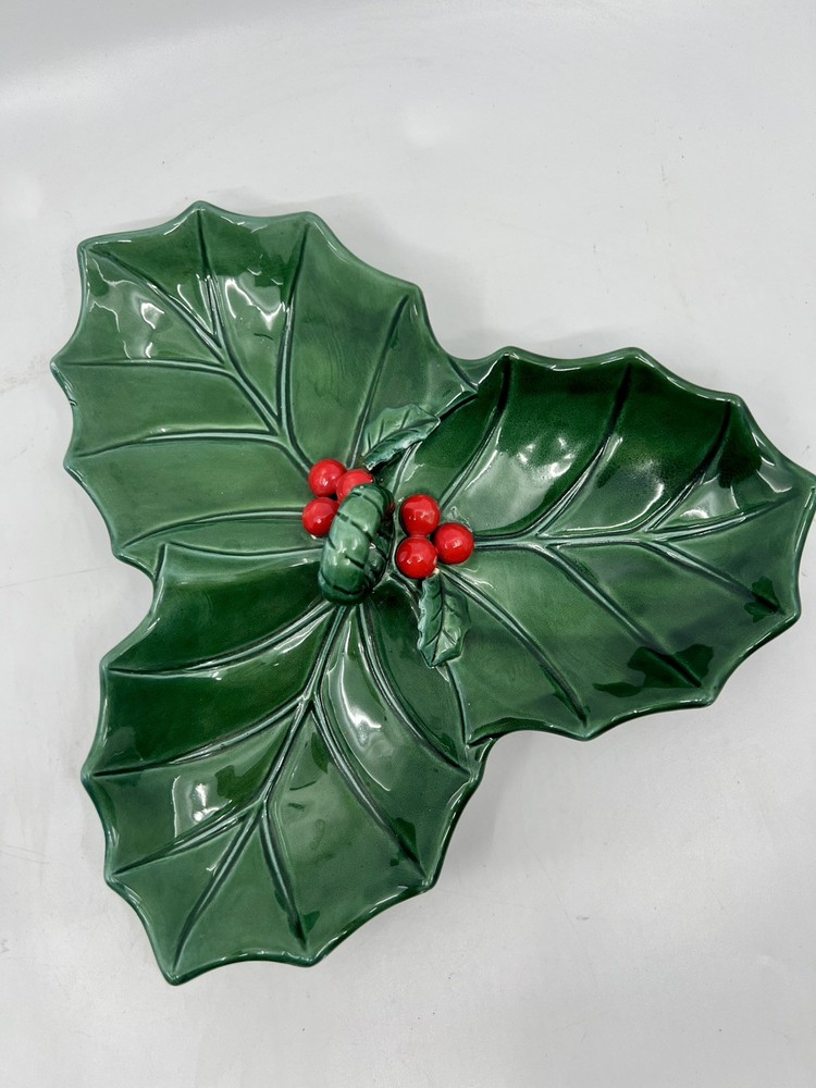 Vintage Lefton #6009 Green Holly Divided Relish Dish With Sticker Xmas Holiday