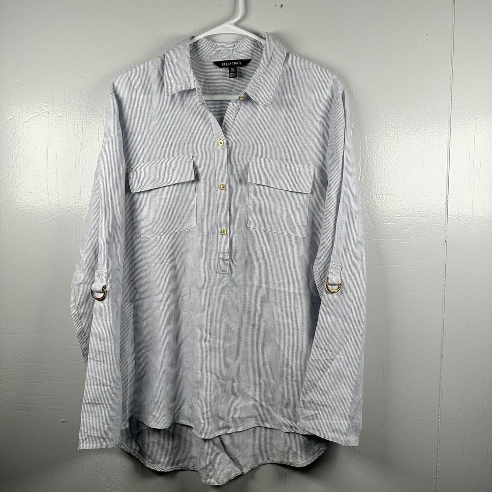 Ellen Tracy Linen Tunic Top Shirt Womens Sz L  Pinstripe Roll Tab Sleeve Popover