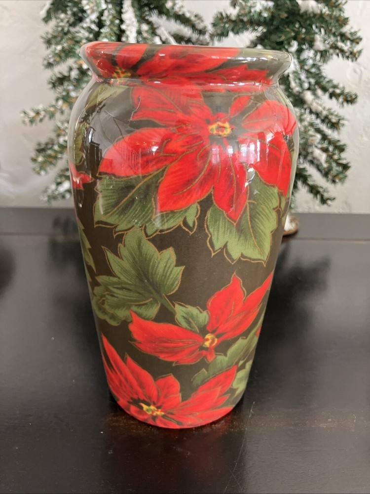 Ganz Poinsettia Vase, Beautiful Red, Green, Black 6.5