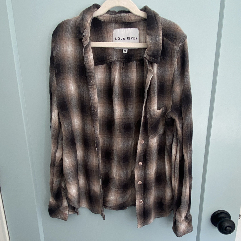 Lola River Women's Button-Up Shirt Size M Plaid Collared Long Sleeve Brown