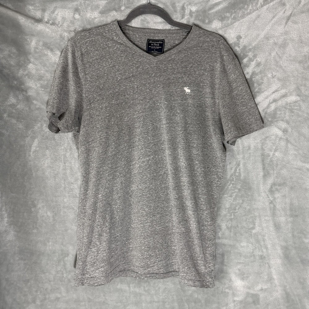 Abercrombie Fitch Shirt Mens Large Gray V Neck Cotton Blend Moose Logo Casual