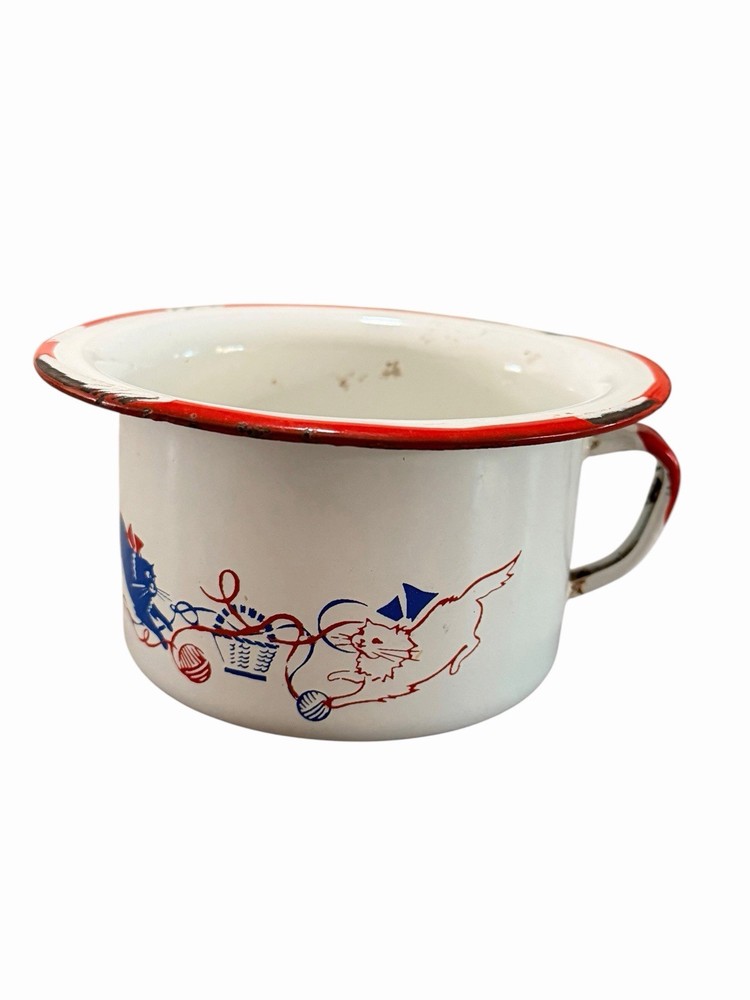 RARE Vintage Antique Enamel Child’s Kid's - Chamber Pot - Cats w/ Baskets & Yarn