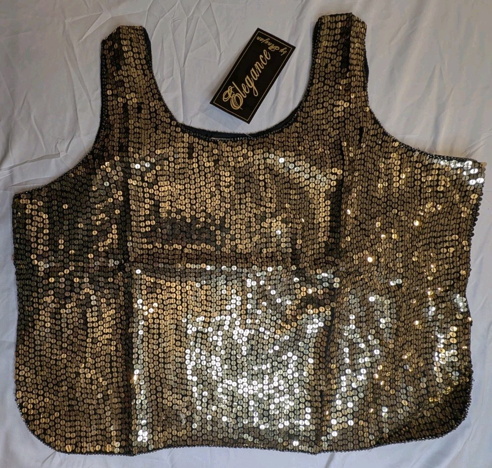 Vintage Elegance By Anujan Hand Made All Over Gold Sequin Silk Crop Tank Top XL
