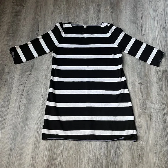 J.Crew Shift Dress Womens Medium Black White Striped 3/4 Sleeve Cotton