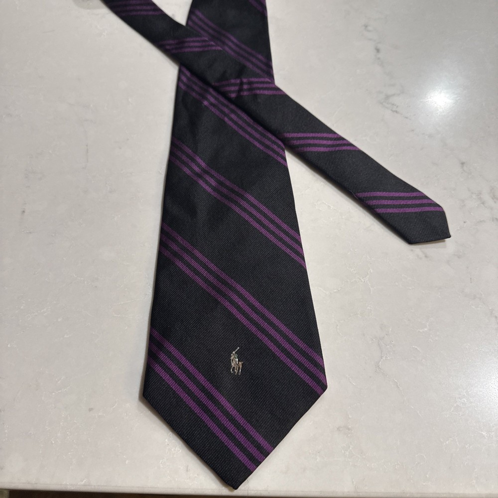 Polo Ralph Lauren Black Purple Men’s REPP Tie Silk Handmade in USA 58