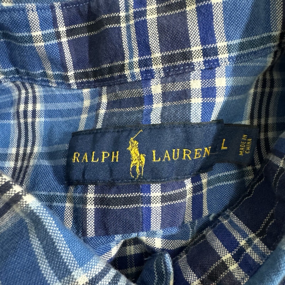 Ralph Lauren Men's Classic Fit Flesh Pony Blue Plaid Oxford Shirt Large