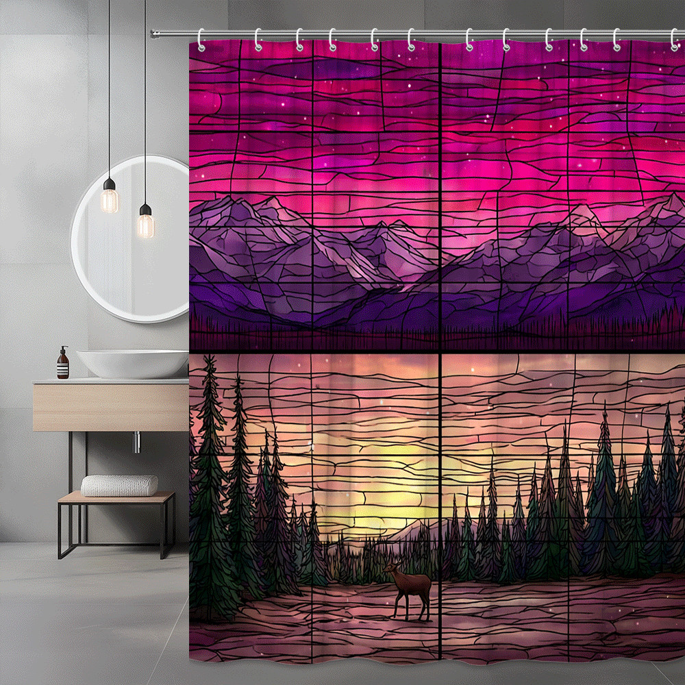 Mountain Forest Sunset Shower Curtain Deer Landscape