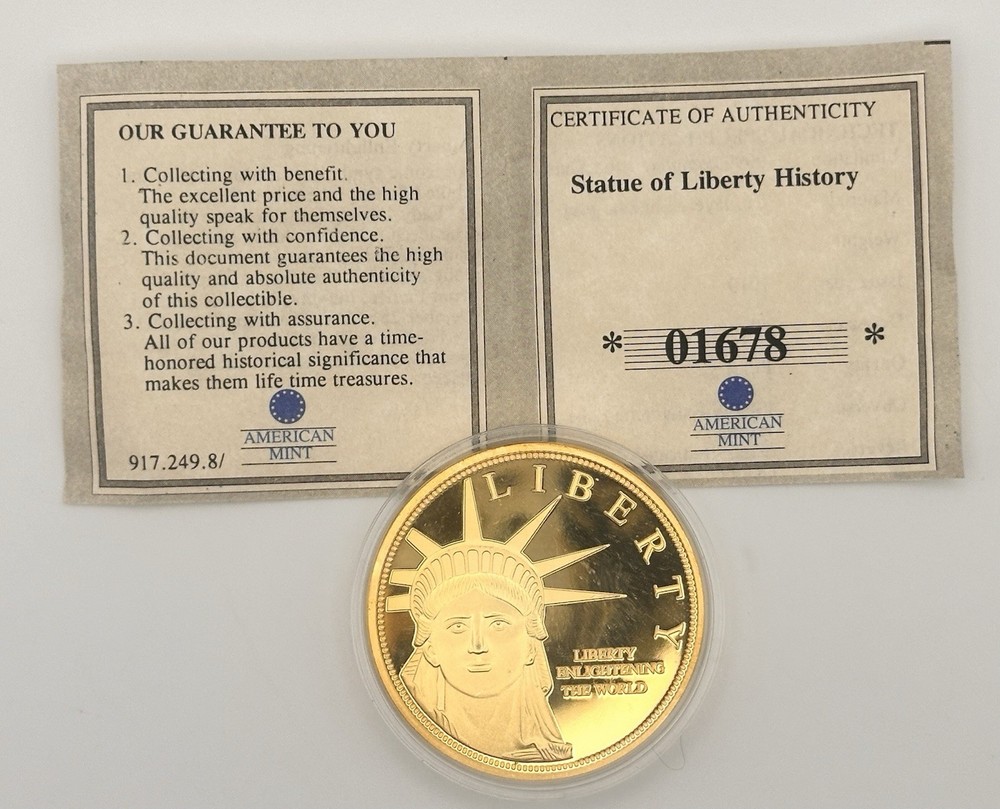Statue of Liberty History American Mint 24K Gold Layered Proof Coin with COA