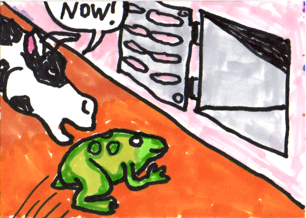 Frog makes his escape ACEO original PAINTING miniature outsider art comic art