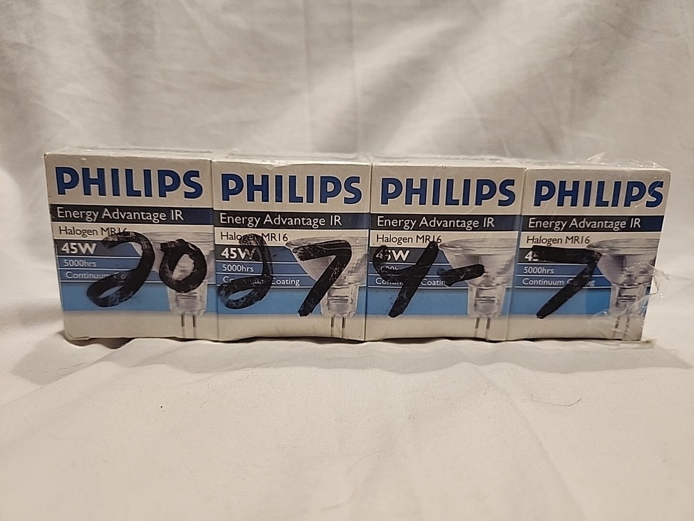 Lot O 4 PHILIPS MR16 HALOGEN 45w Light Bulbs 12V 5000h GU5.3