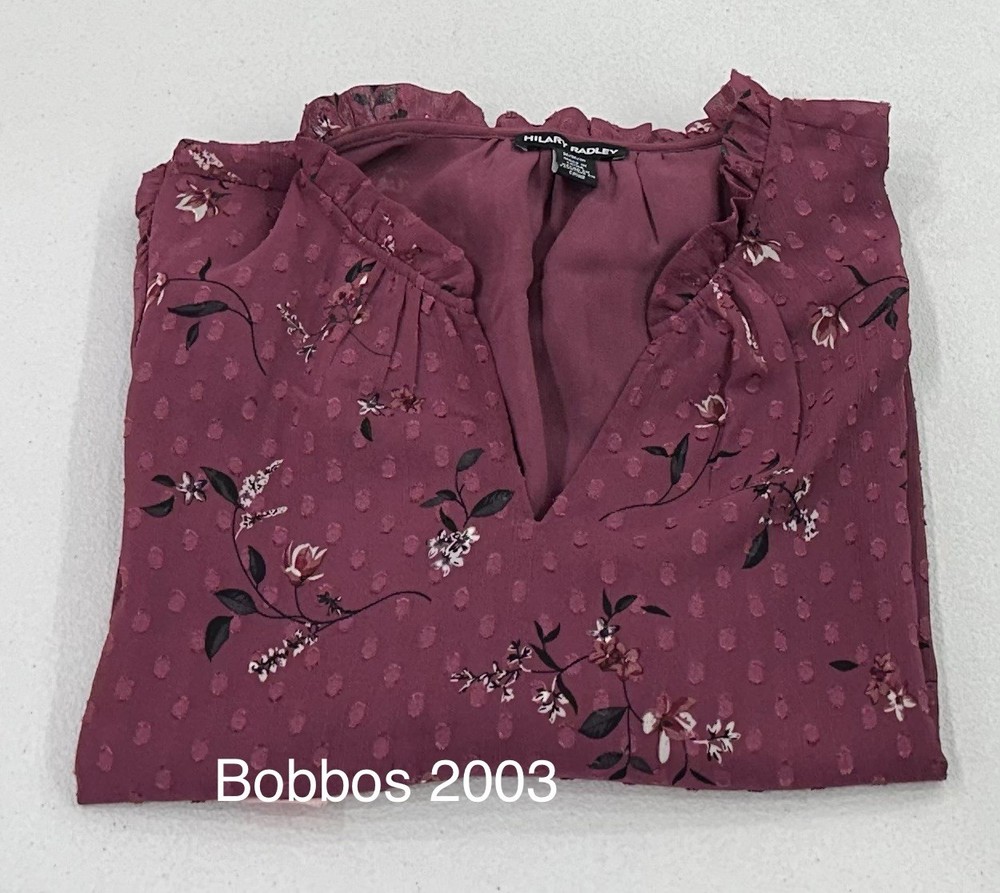 Hilary Radley Women's V-Neck Long Sleeve Blouse, Burgundy Combo Floral, Size M