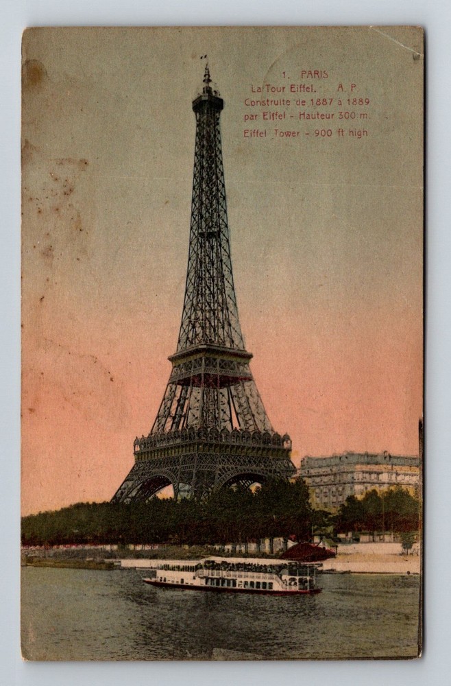 France- Paris Eiffel Tower Seine River Souvenir Old Post Vintage c1927 Postcard