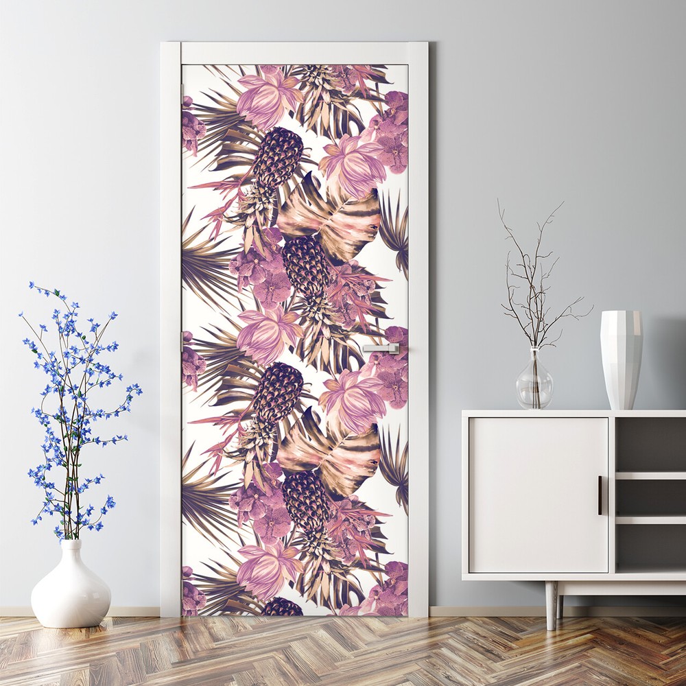 Adhesive Door sticker Tropical pink composition Pineapple with Flowers Pattern