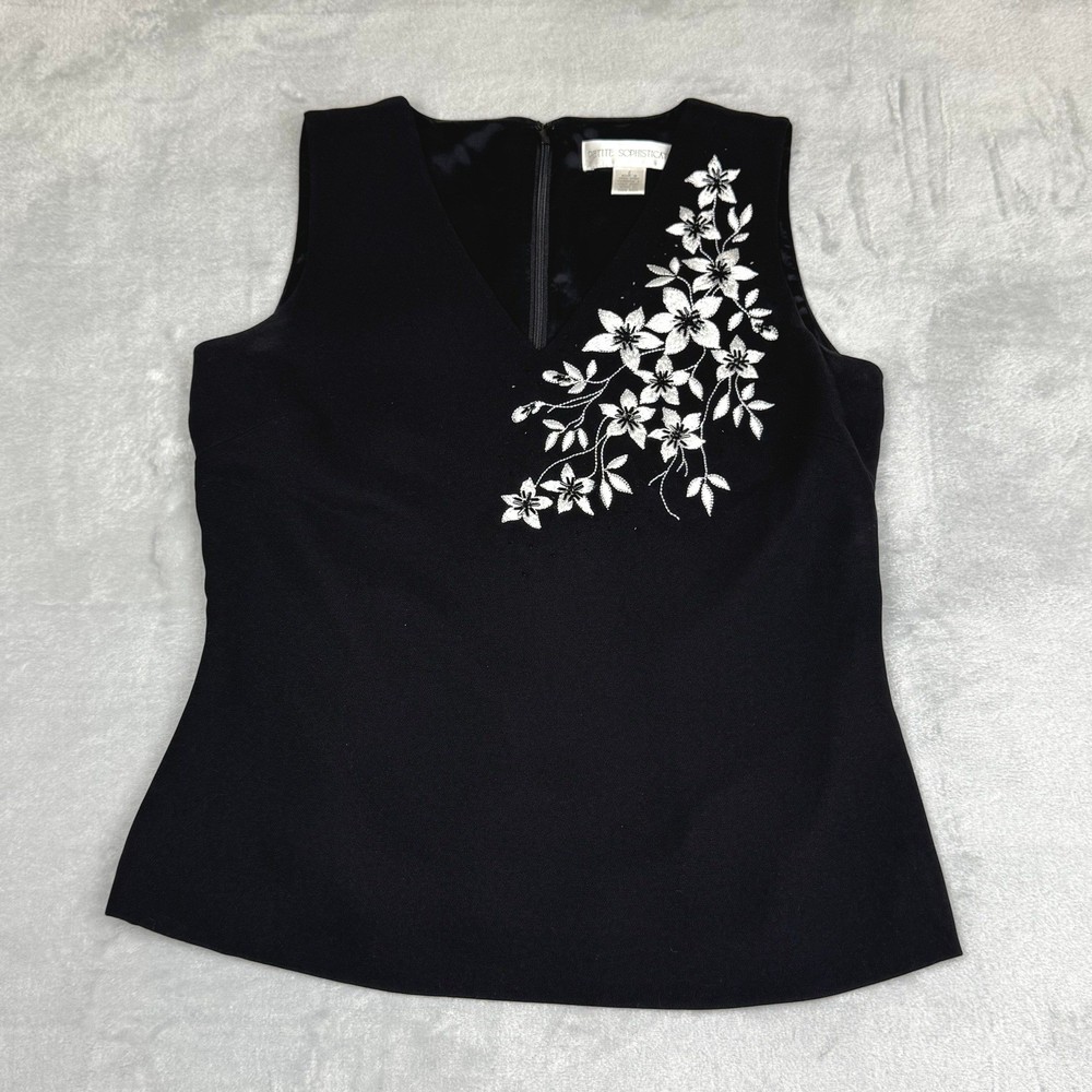 Vintage Y2K Black Silver V-Neck Sleeveless Floral Beaded Top 2P Whimsigoth Fairy