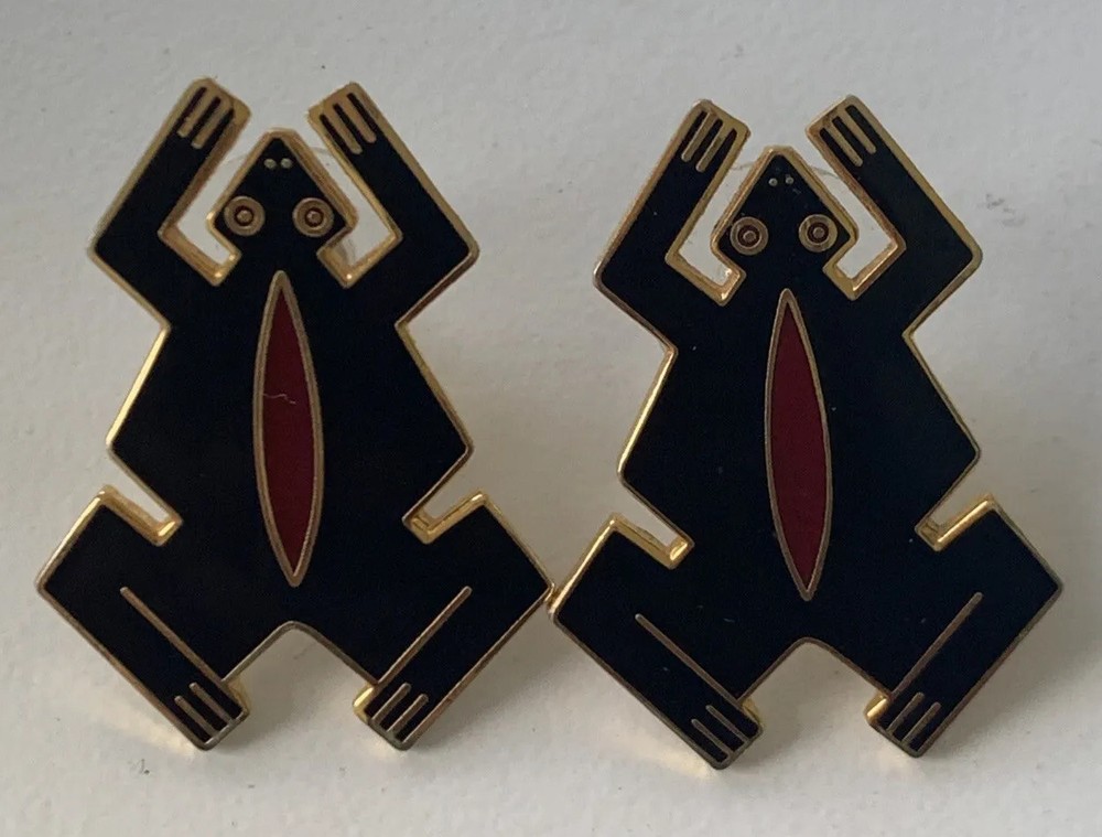 Laurel Burch Vintage Frog Stud Earring  Black Red  22KT Gold Plate Signed 1980’s