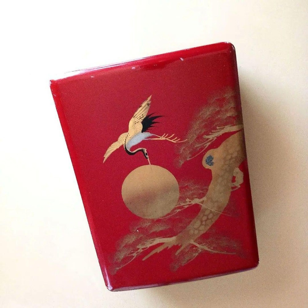 Red Lacquered Fubako with Pine, Crane & Moon Design Vintage Japanese Box