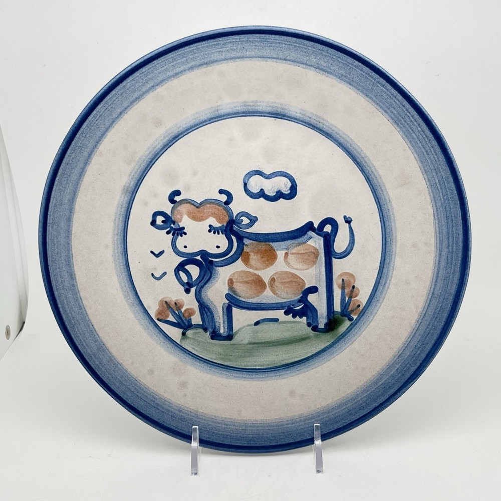 Vintage MA Hadley Stoneware Pottery 9”D Plate Cow Farm Series Ceramic Hand Paint