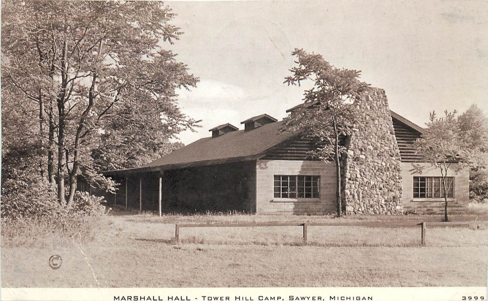Vintage Postcard Marshall Hall Tower Hill Camp, Sawyer MI Berrien County Posted