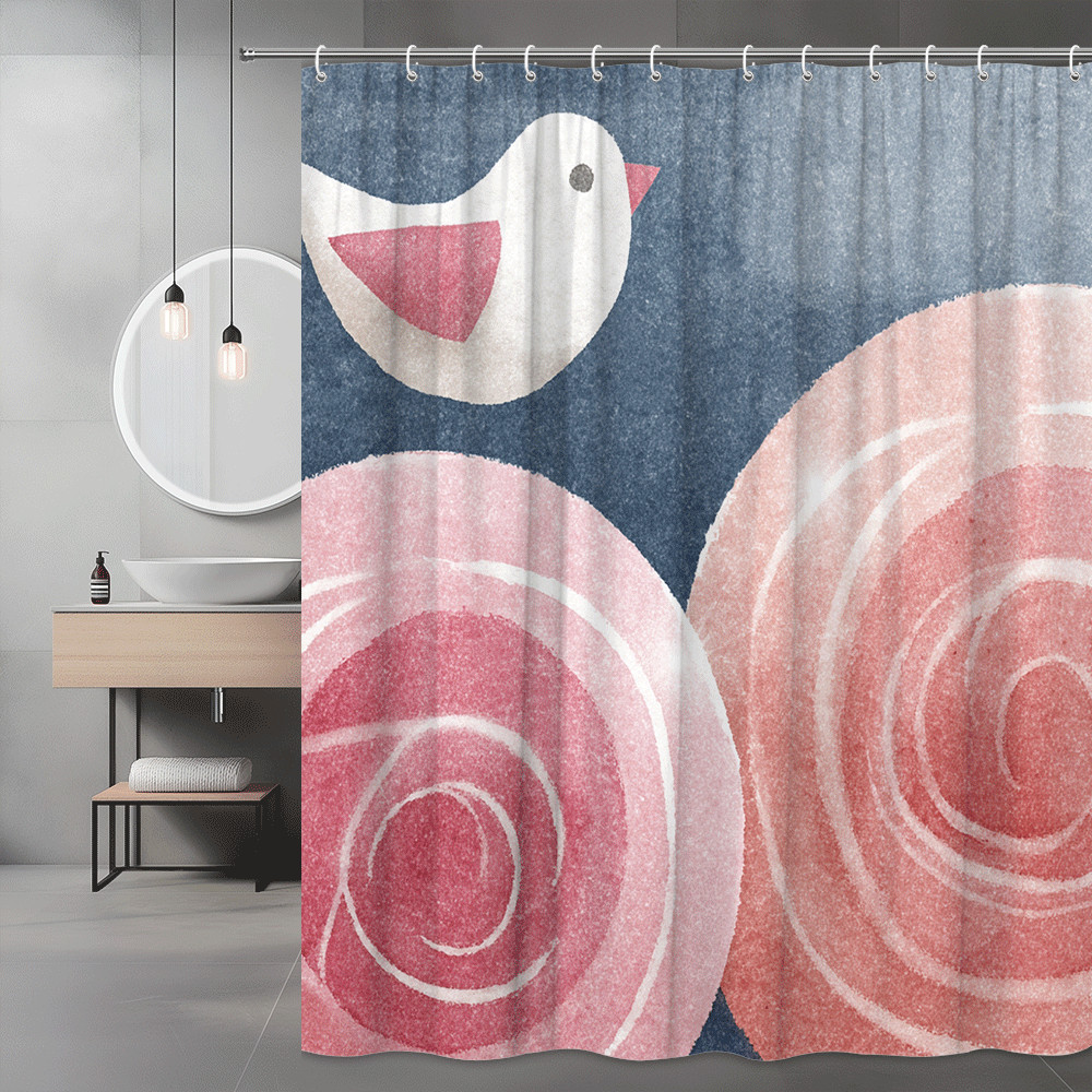 Pink Floral Bird Shower Curtain, Blue Background Printed Design