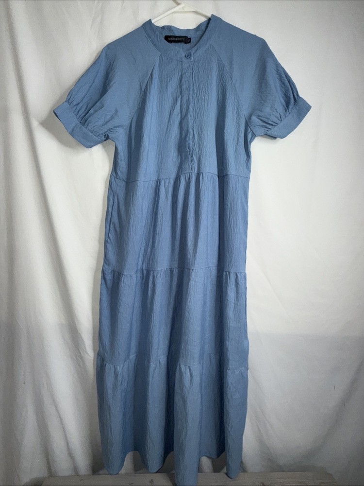 MEROKEETY Blue Maxi Dress Women’s Size M CottageCore Prairie Homestead Tiered