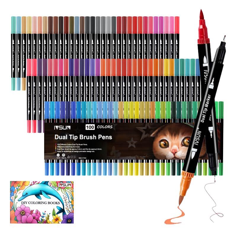IVSUN 100 Colors Dual Tip Brush Pens Art Markers, Fine Point and Brush Tip Co...