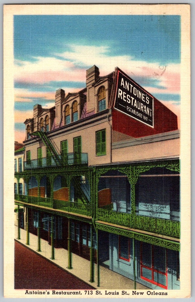 Vtg Linen Postcard Antoine's Restaurant Exterior New Orleans, LA 1950s