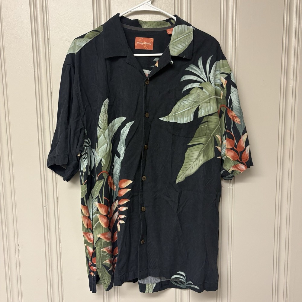 Tommy Bahama Silk Shirt L Black Tropical Hawaiian Camp Button Up Mens