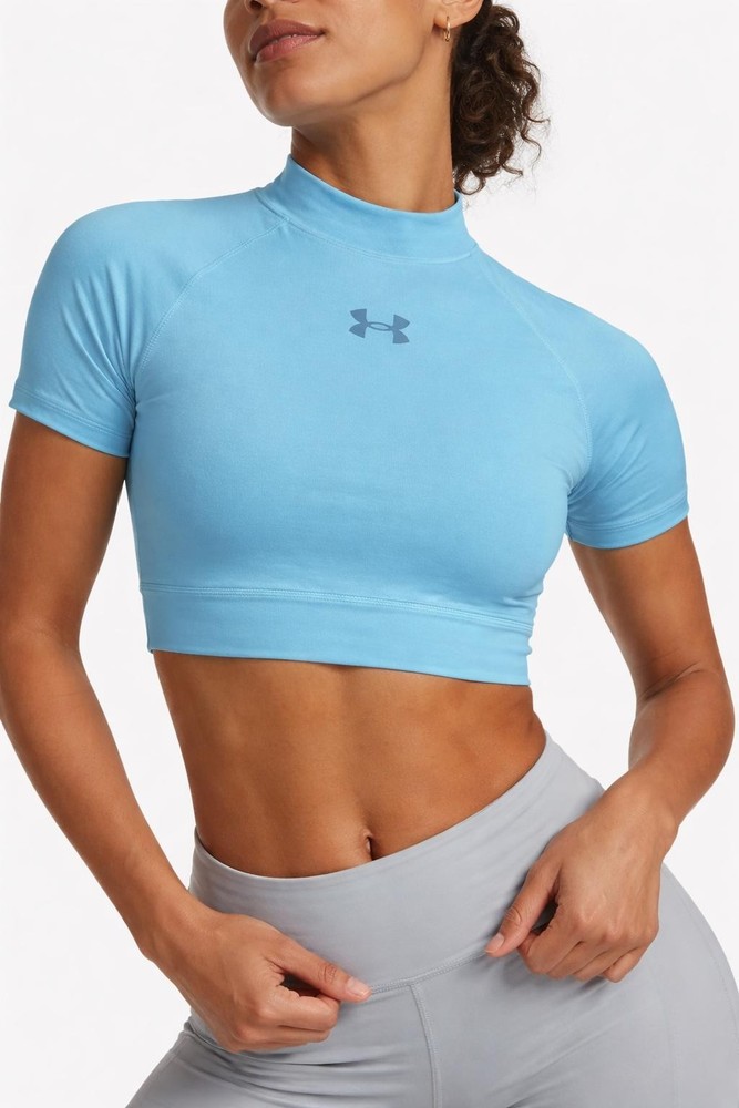 Under Armour Women's Crop Mock Logo Short Sleeve, BLUE, L