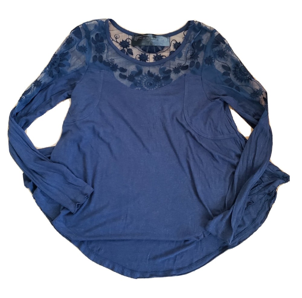 Free People New Romantics Top S Mesh Sheer Fairy Blue Embroidered Boho Relaxed