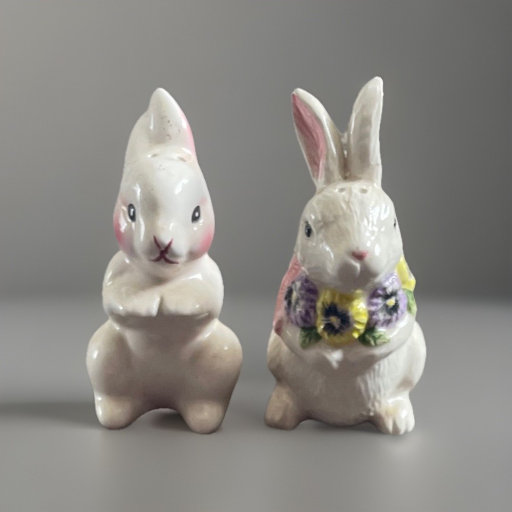Vintage Ceramic White Bunny Rabbit Salt & Pepper Shakers Set Floral Easter Decor