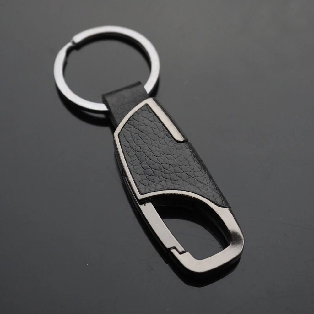 Men's Women's Gun Metal Black & Leather Clip Keychain Car Key Ring Fob Holder