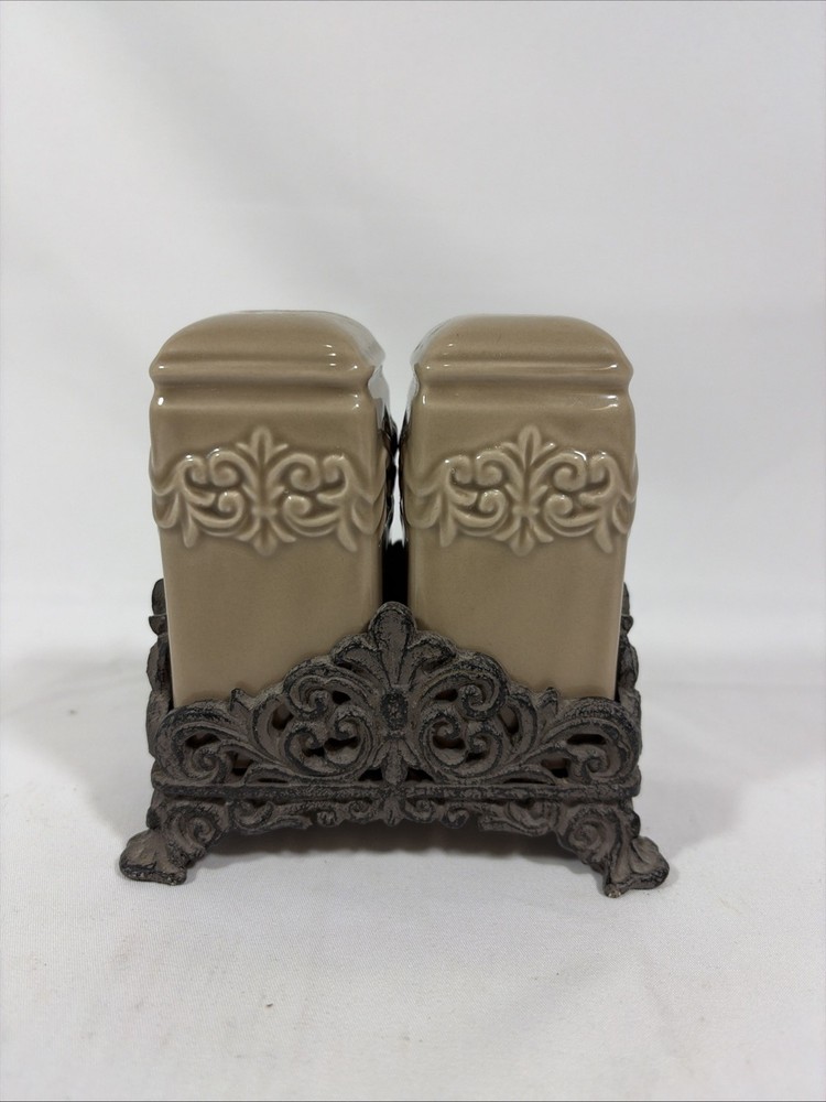Drake Design Tuscan Scroll Fleur De Lis 2 Pc Salt & Pepper Plus Stand