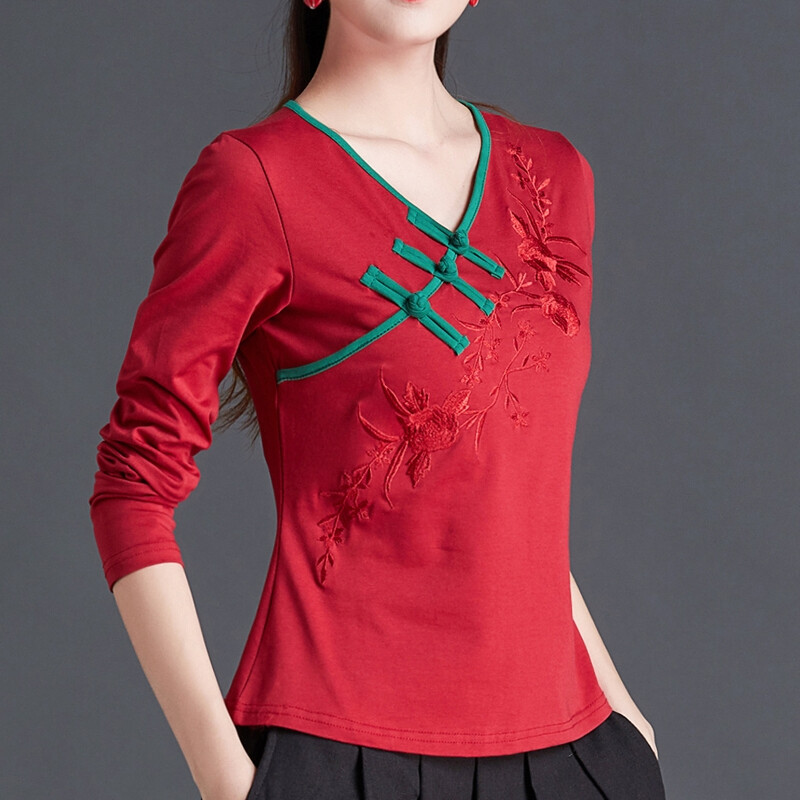 Lady Chinese Floral Embroidery T-Shirt Blouse Tops Ethnic Long Sleeve Retro Slim