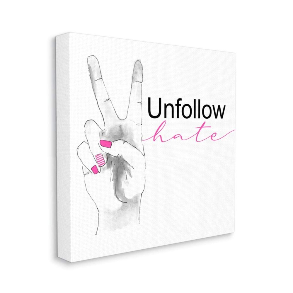 Unfollow Hate Peace Hand Sign White Canvas Wall Art 17x17