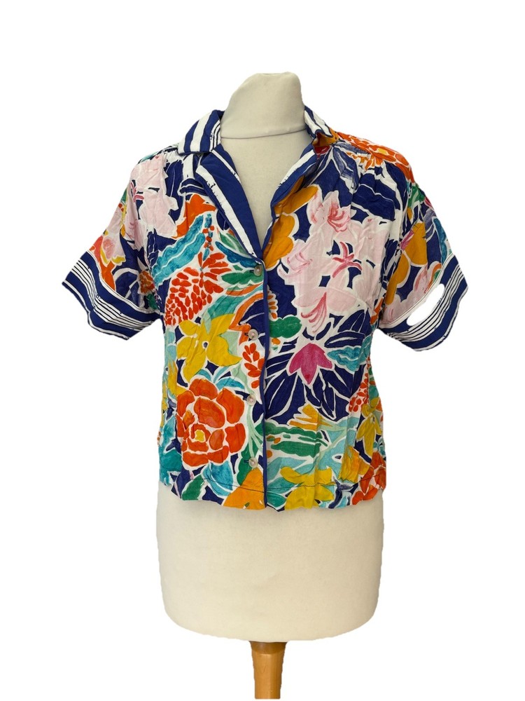 anthropologie Blue Mix Blouse Size S Short Sleeve Viscose Women’s