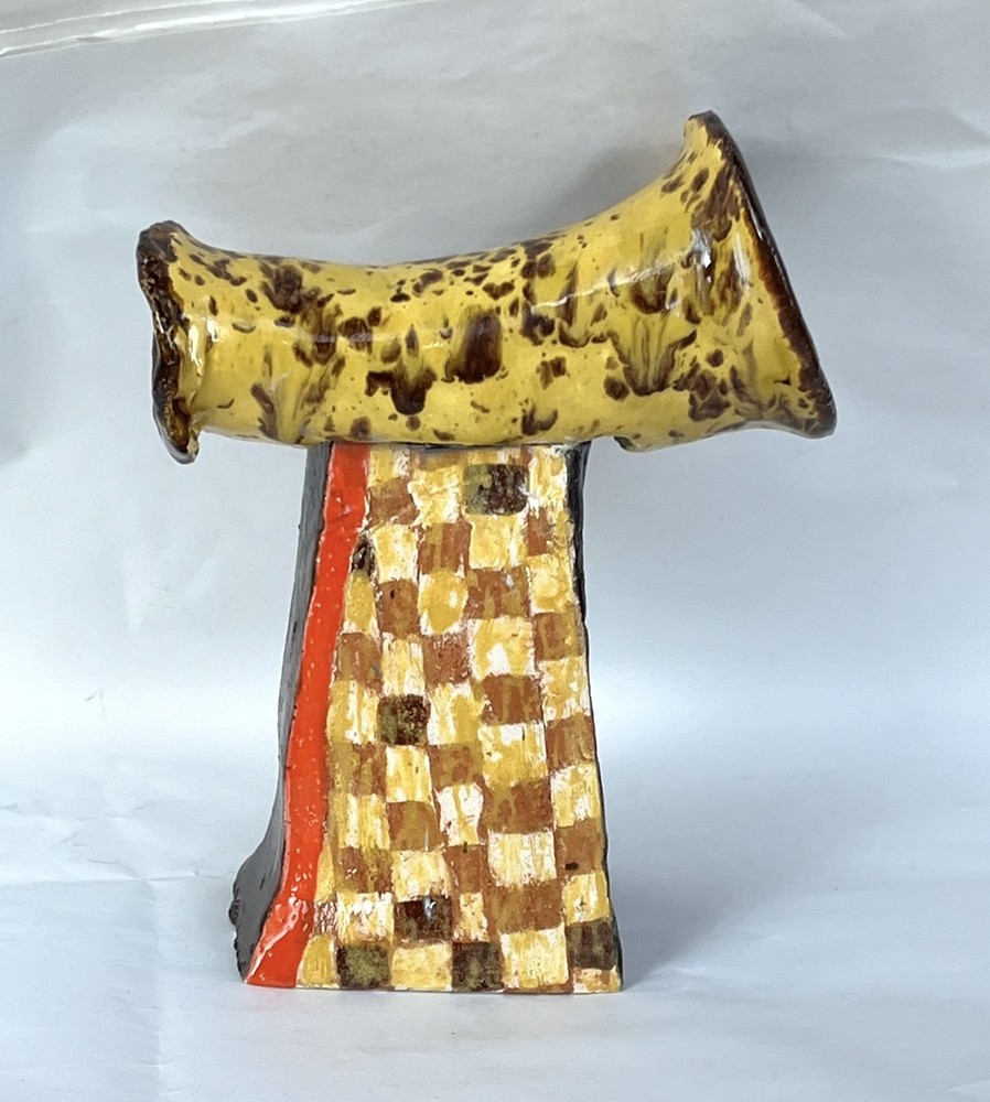 Abstract Modernist Horn Column Pottery MCM Brutalist Statue 8.5 Signed Junko-image