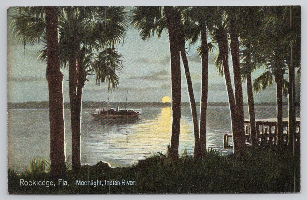 Rockledge Florida Moonlight Indian River Palm Trees Boat Vintage Postcard
