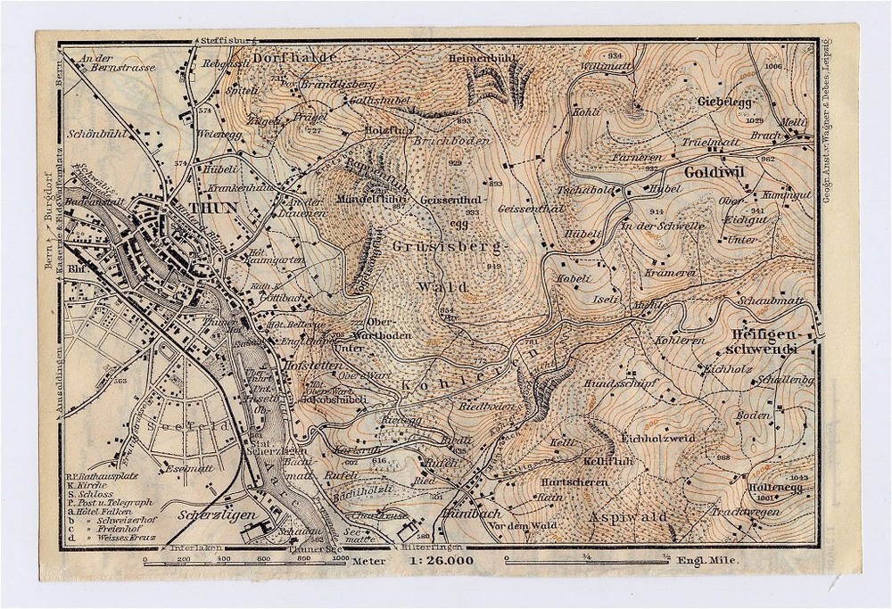 1911 Original Antique Map Of Vicinity Of Thun / Switzerland
